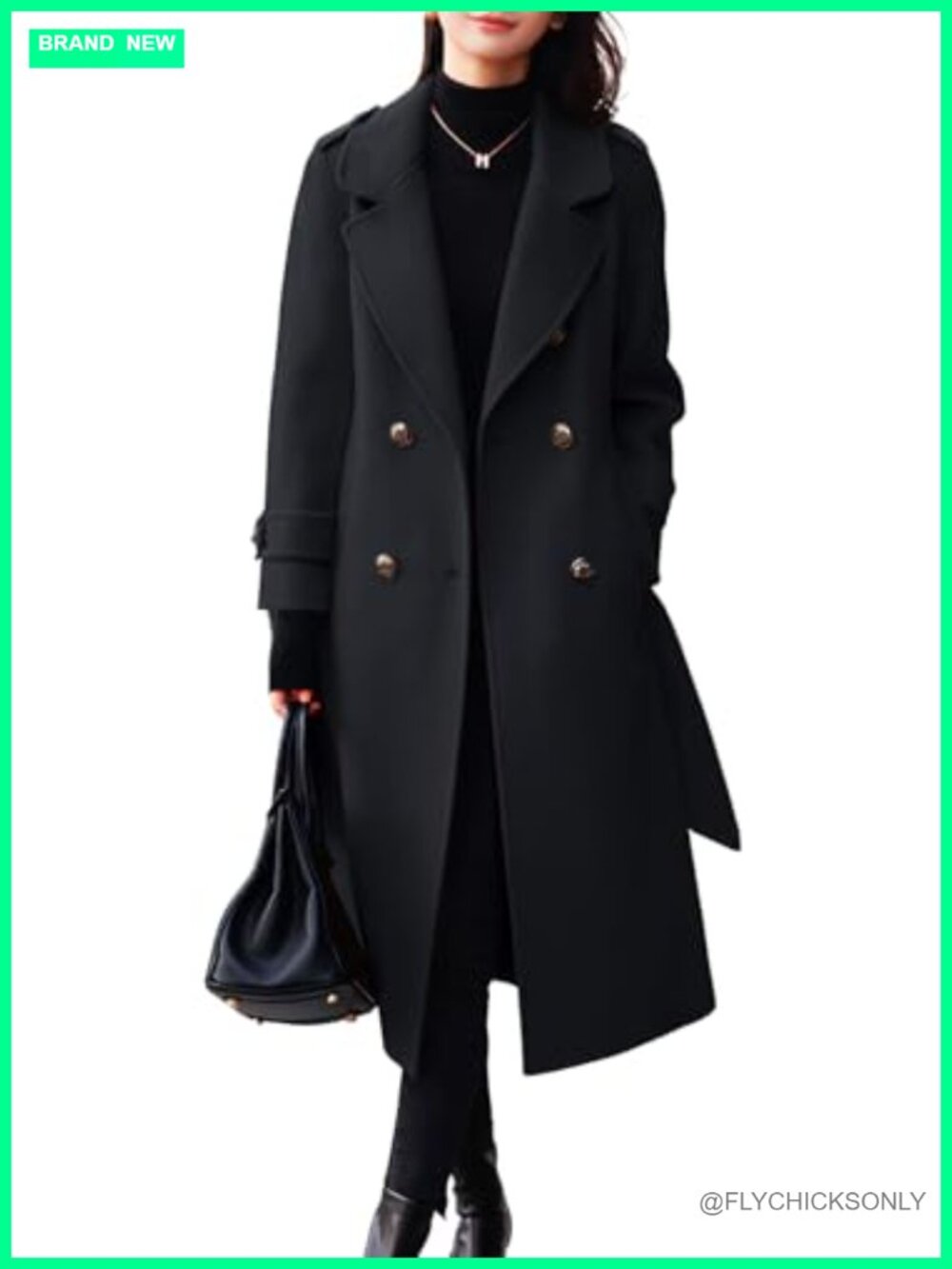Womens Belted Wool Pea Coat Double Breasted Midi Long Winter Overcoat
